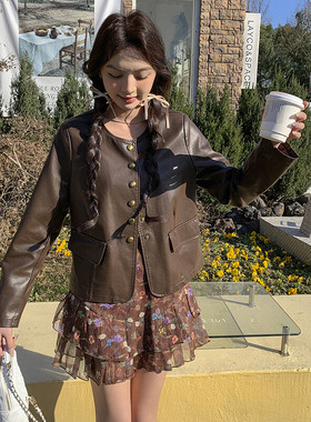 【春装新款，现货】圆领单排扣短款皮衣外套2C215-P130-K218