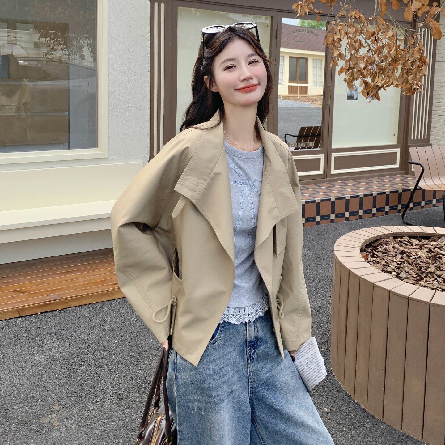 通勤风卡其色短款外套女春季抽绳收腰小个子气质百搭休闲风衣