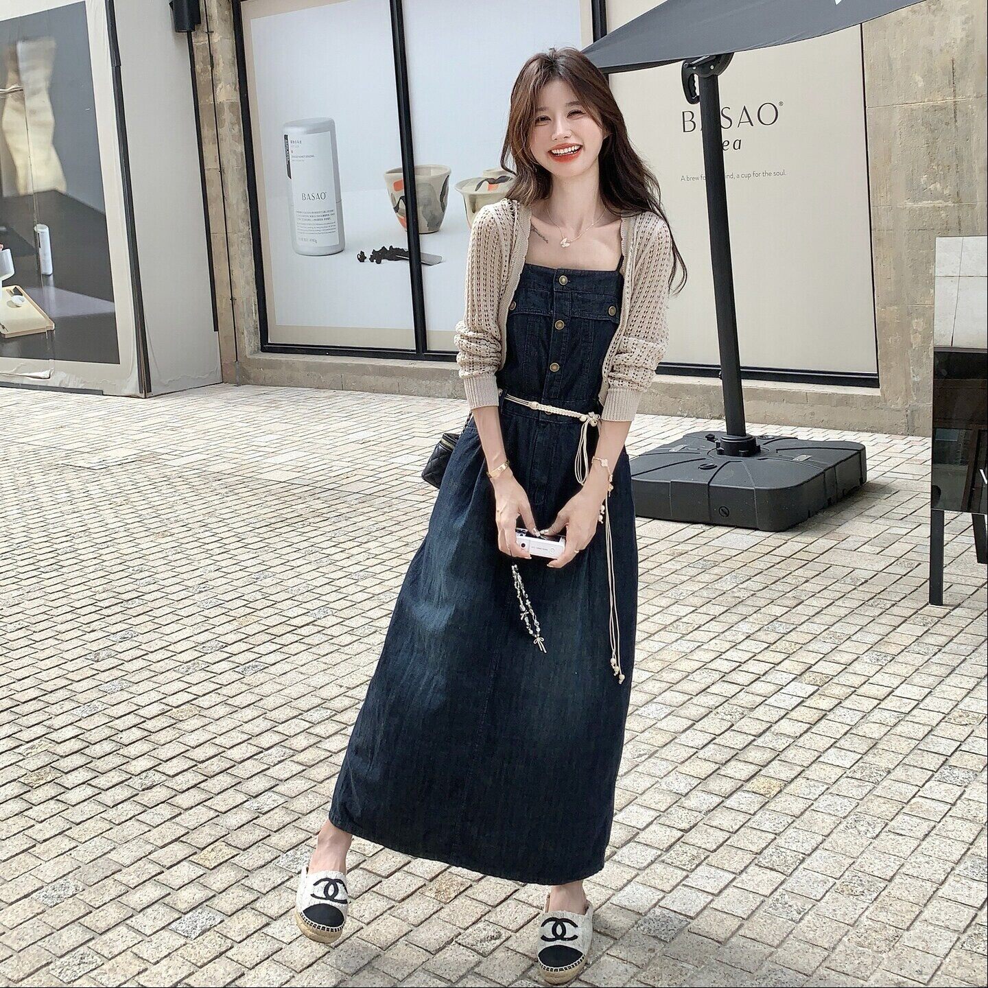 复古镂空针织开衫牛仔吊带裙套装女春季气质减龄两件套休闲背带裙