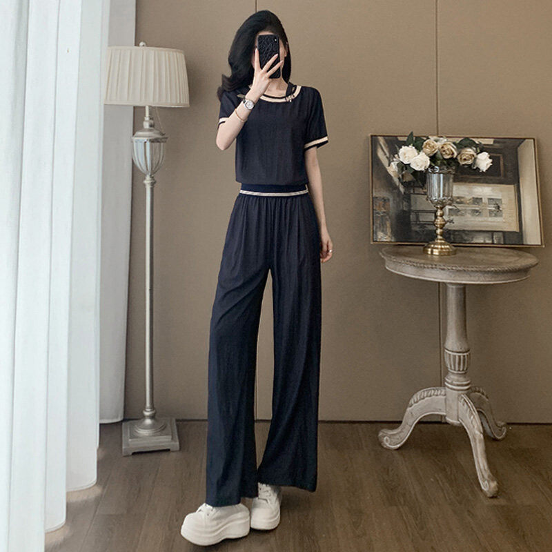 韩版休闲运动套装女夏季新款气质显瘦圆领拼接短袖阔腿长裤两件套