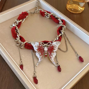 新年红色蝴蝶项圈百搭小众个性夸张流苏项链颈链新款锁骨链choker