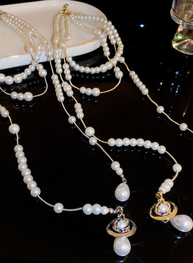 2024新土星项链不对称多层拍照个性球吊坠锁骨链长款新娘婚纱配饰