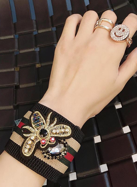 欧美复古时尚潮人蜜蜂条纹镶钻手镯个性趣味啪啪圈宽手环手饰品女
