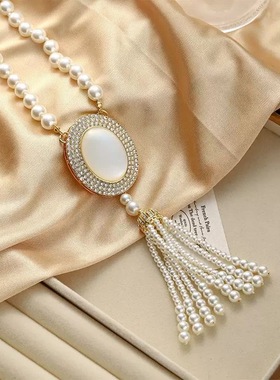 网红欧阳流苏珍珠长款项链女法式新中式国风斜跨秋冬毛衣链配饰潮