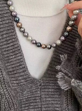 张子枫同款大溪地黑莫兰迪色珍珠项链女轻奢小众高级感锁骨毛衣链