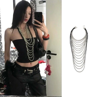 波西米银色仿珍珠夸张多层嘻哈女士项链长款个性复古长款秋毛衣链
