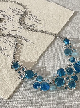 甜酷辣妹蓝色水晶花朵项链女时尚甜美小众气质轻奢百搭精致锁骨链