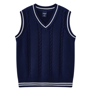 童装学院风绞花针织背心 男女童春秋款白色撞色条纹无袖毛衣马甲