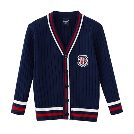 中大童英伦学院风格长袖全棉儿童中小学生藏青色针织开衫童装春秋