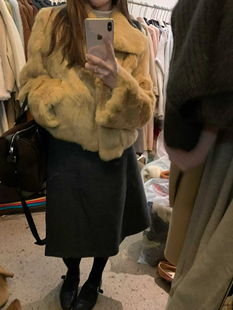 名利场 定染中古兔毛皮毛一体皮草外套女翻领短款洋气大衣保暖冬