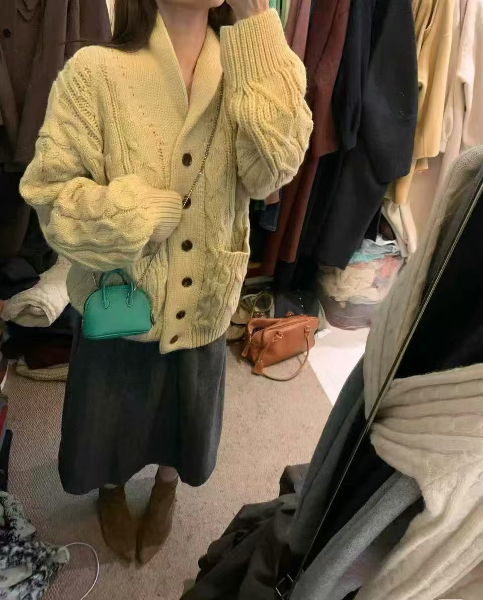 韩系25秋冬新款复古百搭立领麻花针织开衫女宽松显瘦加厚毛衣外套