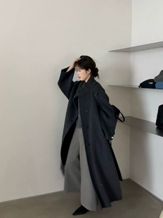 韩系冬新款高级感双面羊绒羊毛大衣女立领廓形单排扣长款毛呢外套