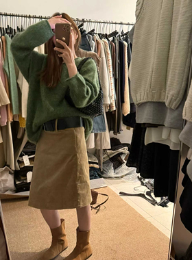 by onion 摩登时代!复古高腰灯芯绒半身裙女秋宽松显瘦中款直筒裙