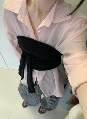 韩系春夏新款Polo领长袖衬衫女宽松百搭苎麻防晒衣设计感绑带抹胸