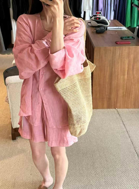 韩系2026夏新款设计感V领长袖苎麻衬衫女宽松显瘦防晒衣