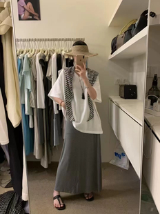 t恤女休闲百搭条纹披肩 松紧腰半身裙三件套 v领大版 韩系25夏新款