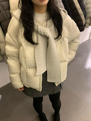 韩系短款针织连帽泡芙羽绒服女冬新款宽松保暖90白鸭绒小个子外套