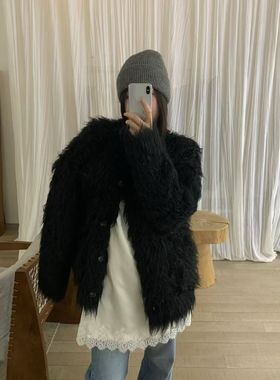 韩系冬新款时髦卷卷毛慵懒高级感毛毛外套女单排扣中长款加厚开衫