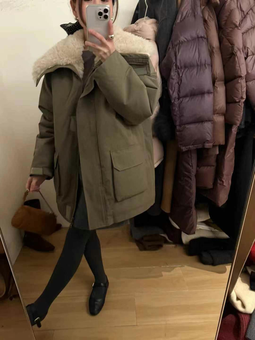 赵露思同款工装棉衣外套女中长款颗粒绒派克服棉服