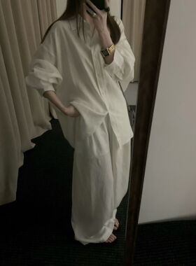 老钱风亚麻Polo领衬衫+松紧腰抖抖裤两件套女夏新款慵懒气质套装
