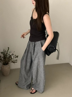 正品亚麻粗纺垂感弯刀裤女廓形抽绳阔腿气球裤夏松紧腰显瘦休闲裤