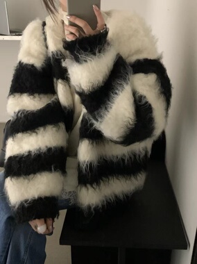 韩系ins氛围感环保卷毛条纹开衫外套女设计感小众短款加厚毛衣冬