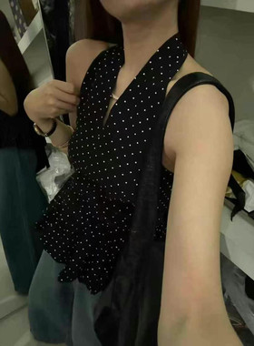 法式别致绝美挂脖波点吊带蓬蓬裙摆上衣女设计性感V领无袖背心夏