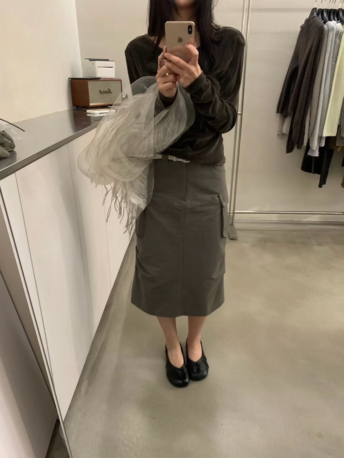 韩国东大门工装风复古高腰多口袋抽褶a字半身裙女秋季时髦中长裙