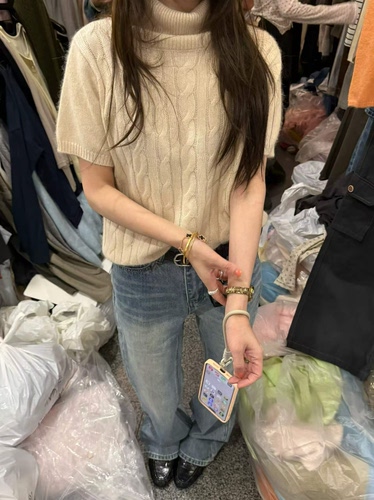 韩系复古高领短袖麻花羊毛针织衫女秋季新款宽松显瘦毛衣打底上衣