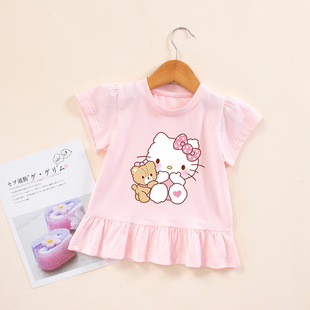 猫咪儿童纯棉上衣夏季 t恤夏装 宝宝女孩小猫图案衣服 裙式 女童短袖