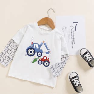 儿童假两件防晒衣男宝宝夏季透气男童薄款长袖t恤挖掘机图案童装