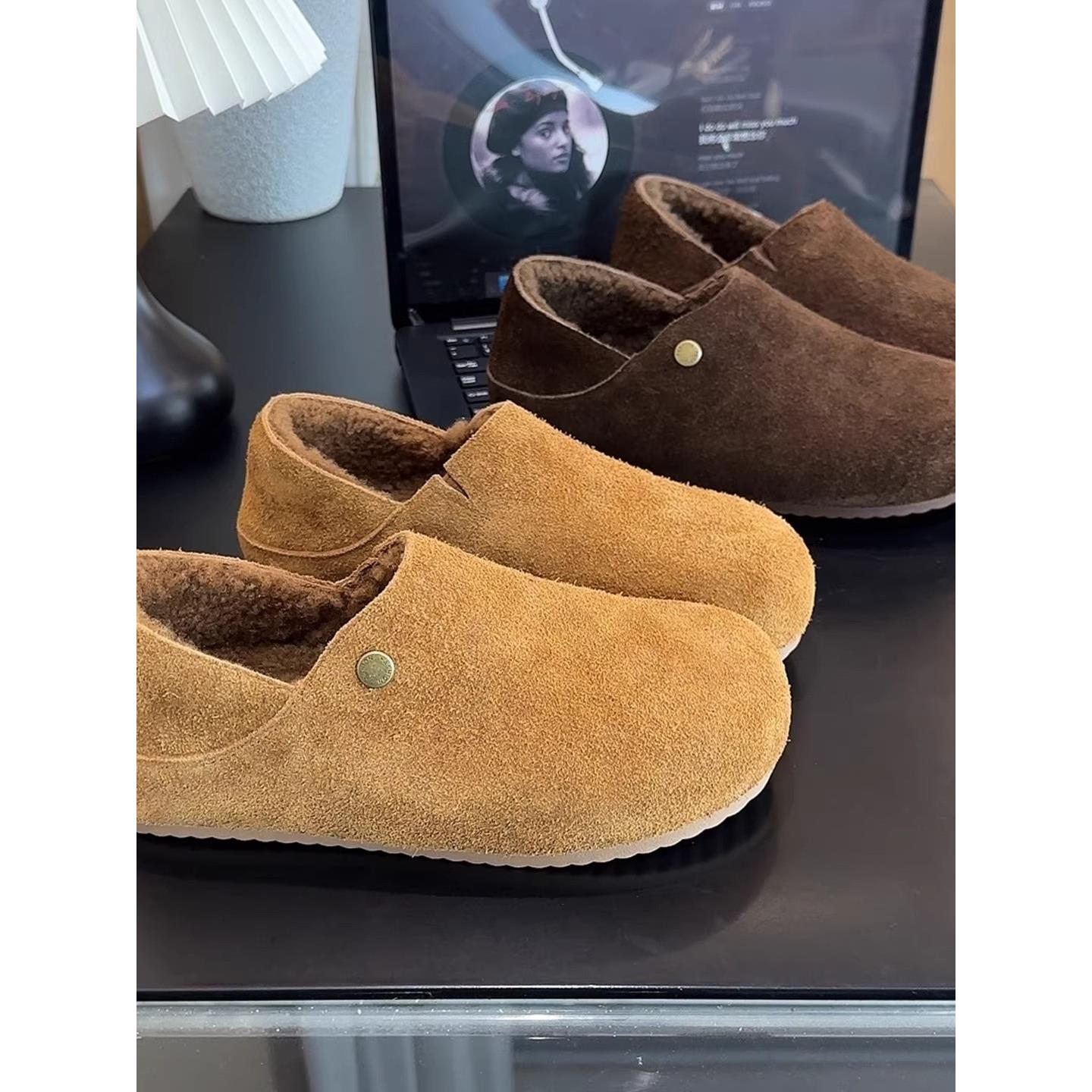 品牌撤柜真皮两穿小土豆懒人勃肯鞋女秋冬加绒棉鞋一脚蹬毛毛鞋子