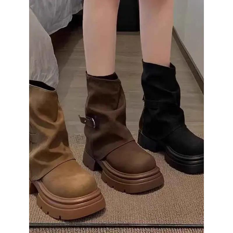 品牌撤柜真皮爆款复古厚底裤管靴马丁靴女款新款时尚百搭美拉德