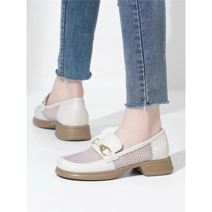 红青蜓真皮乐福鞋女2025款夏季网纱女单鞋平底休闲皮鞋镂空妈妈鞋