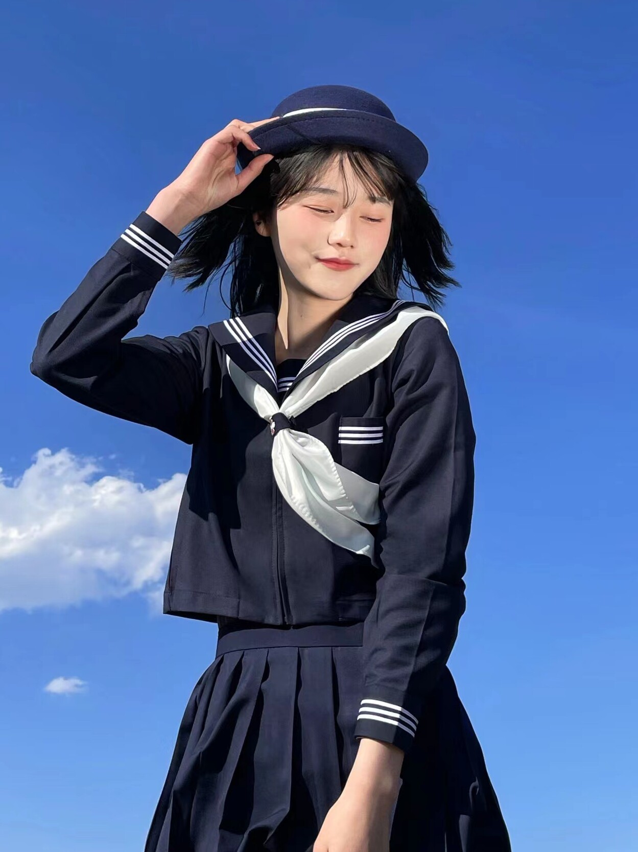 TOKYO HOME ORIGINAL JK UNIFORM SKIRT GENUINE BLUE WHITE THREE SAILOR CLOTHES ACADEMY STYLE SCHOOL FOR INTERMEDIATE SUIT WOMEN