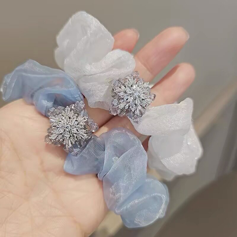 西子饰品璀璨紫色水晶锆石雪花发圈白色欧根纱发绳头绳皮筋发饰女图片