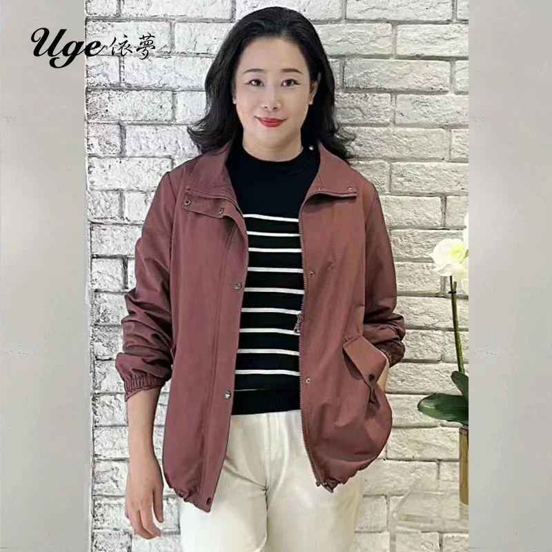 Uge依梦新款深粉红翻领立领设计风衣外套15254776