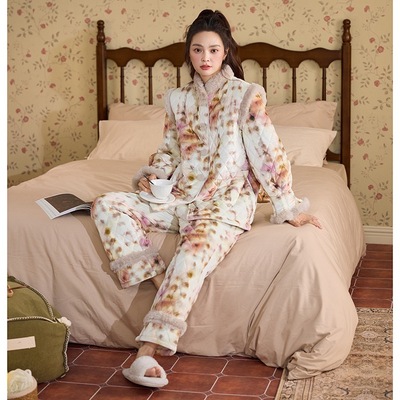 新款三层加厚女睡衣家居服套装冬