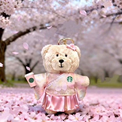 星巴克春季樱花系列粉色小熊店长毛绒包包挂件钥匙扣