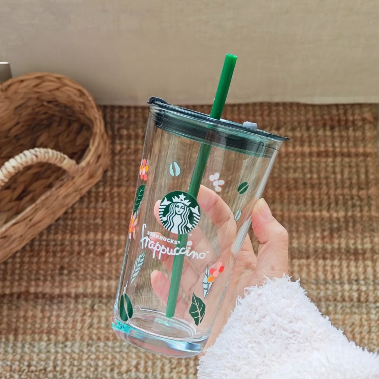 星巴克杯子清仓特价优惠简约高颜值450ml随享绿叶透明玻璃吸管杯