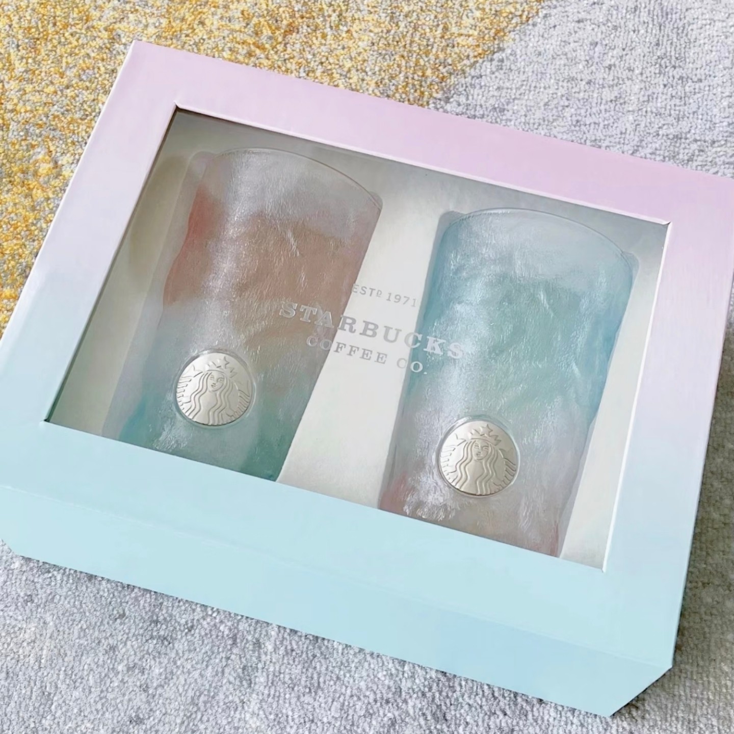 星巴克杯子清仓特价优惠简约高颜值粉绿渐变冰川纹款玻璃对杯礼盒