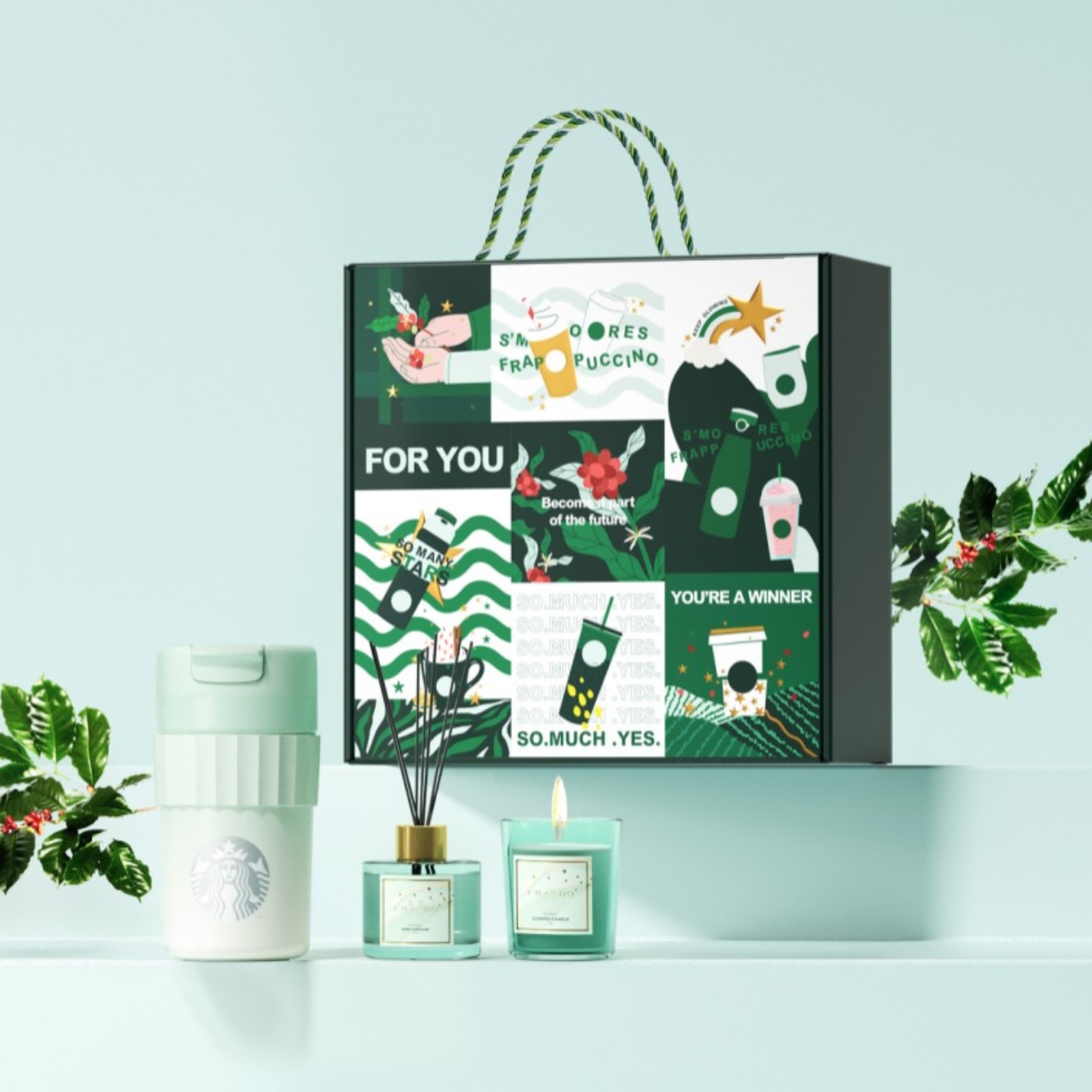 星巴克甄选创意礼盒绿色渐变桌面不锈钢杯蓝风铃香薰组合送礼套装