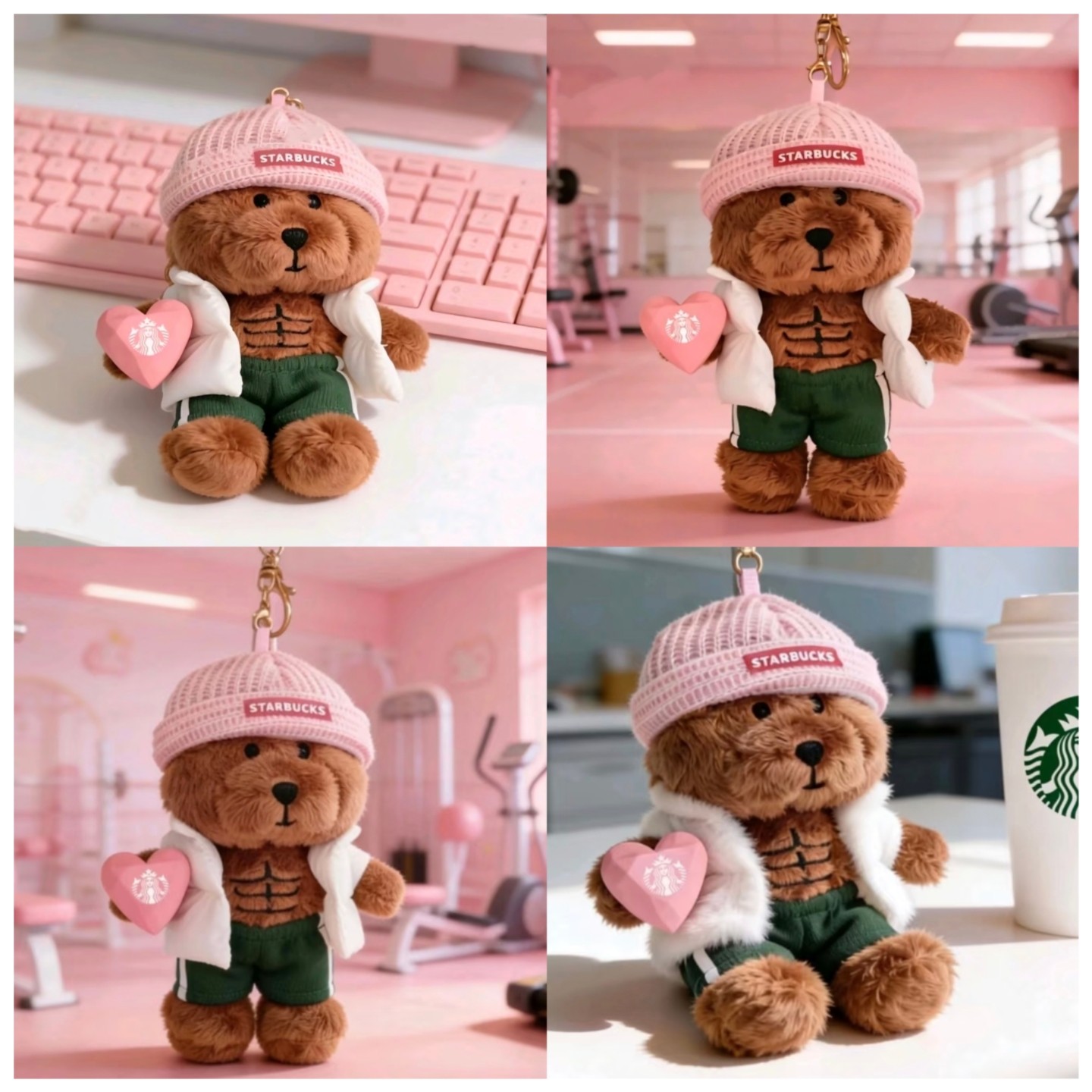 星巴克周边粉帽爱心羽绒服运动熊店长会员星礼包毛绒可爱公仔挂件