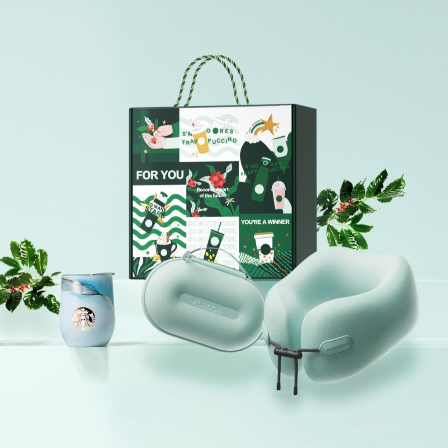 星巴克甄选创意礼盒套装丹青墨染随行杯旅行收纳颈枕组合送礼套装