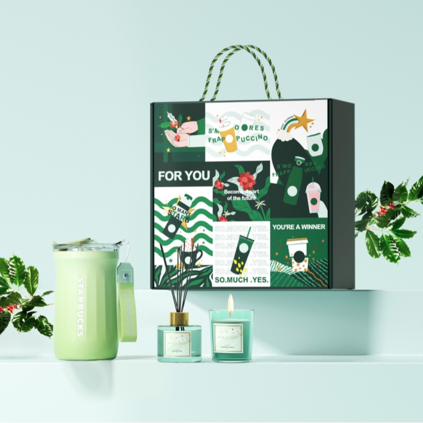 星巴克甄选创意礼盒套装小清新菱纹咖啡杯蓝风铃香薰组合送礼套装