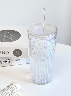 星巴克杯子清仓特价优惠高颜值小清新炫彩极光女神浮雕玻璃吸管杯
