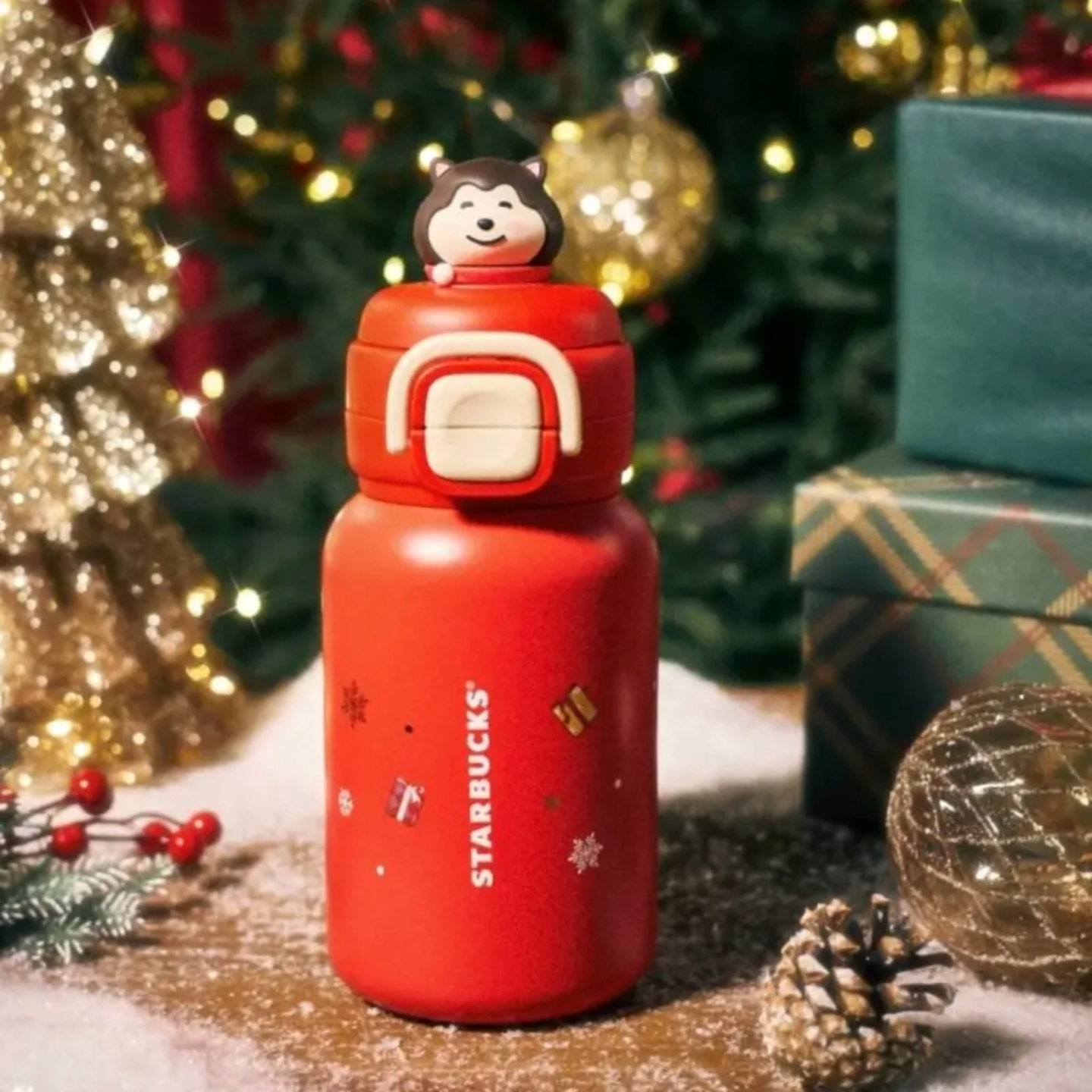 星巴克杯子2025圣诞节暖意融融系列哈士奇装饰不锈钢杯配毛绒挂件