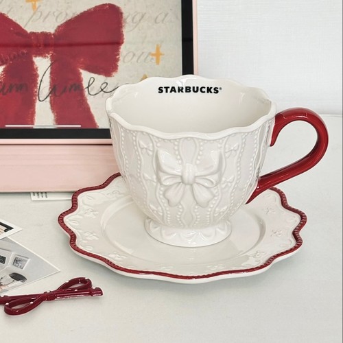 星巴克杯子2025心动部落格系列宫廷优雅蝴蝶结浮雕陶瓷马克杯礼物