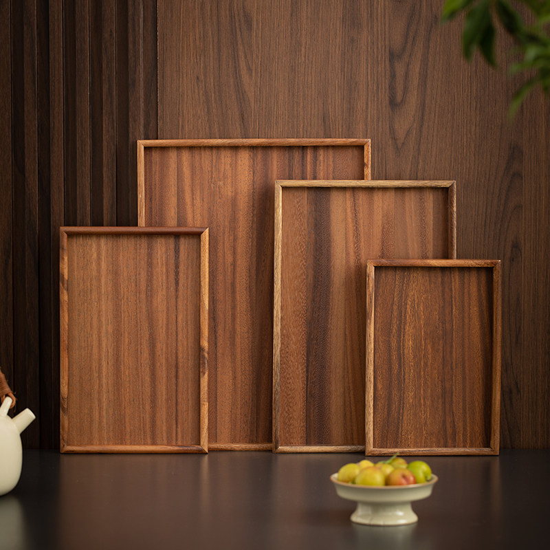 长方形托盘竹木质早餐盘黑胡桃色放茶水杯盘商用轻奢香薰下午茶盘