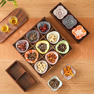 胡桃木色九宫格托盘家用干果盘水果零食盘围炉煮茶点心托盘分格盘